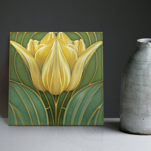 Yellow Tulips Symmetric Wall Decor Art Nouveau Ceramic Tile