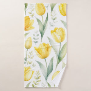 Yellow Tulips Watercolor Floral Painting Botanical Bath Towel