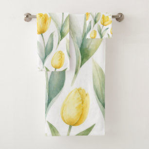 Yellow Tulips Watercolor Floral Painting Botanical Bath Towel Set