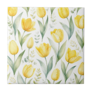 Yellow Tulips Watercolor Floral Painting Botanical Ceramic Tile