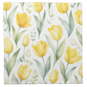 Yellow Tulips Watercolor Floral Painting Botanical Cloth Napkin