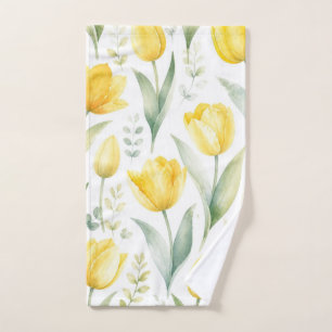 Yellow Tulips Watercolor Floral Painting Botanical Hand Towel