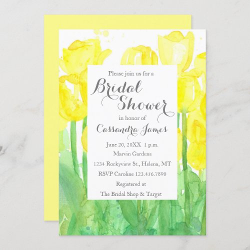 Yellow Tulips Watercolor Flowers Bridal Shower Invitation