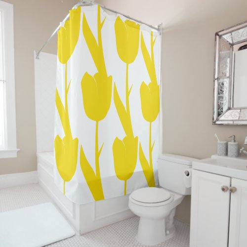 Yellow Tulips White Gold Floral Flowers Patterns Shower Curtain