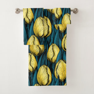 Yellow tulips with blue leaves bath towel set