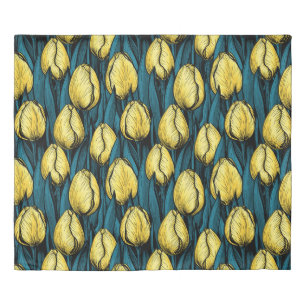 Yellow tulips with blue leaves duvet cover
