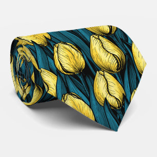 Yellow tulips with blue leaves neck tie