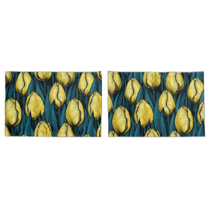 Yellow tulips with blue leaves pillow case