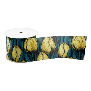 Yellow tulips with blue leaves satin ribbon