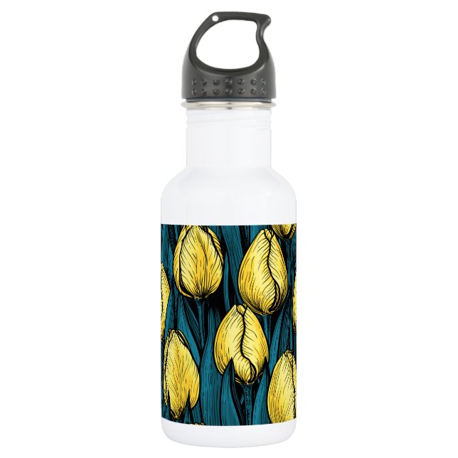 Yellow tulips with blue leaves stainless steel water bottle (Front)