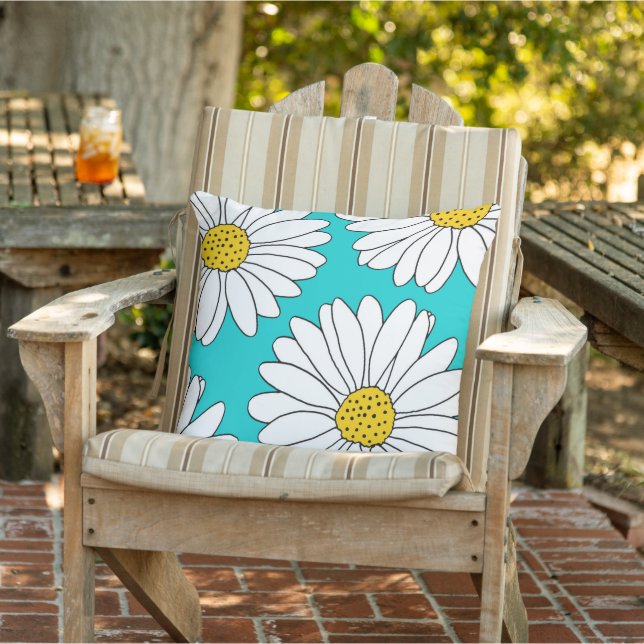 Yellow, Turquoise and White Daisies Outdoor Pillow (Chair)