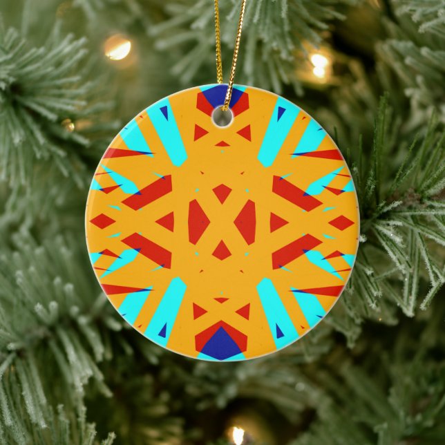 Yellow Turquoise Blue Geometric Art Deco Festive Ceramic Ornament (Tree)