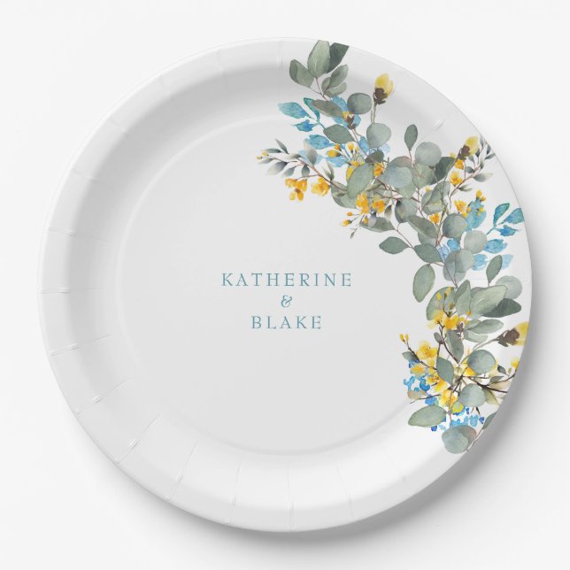 Yellow & Turquoise Eucalyptus Names Wedding Paper Plates (Front)