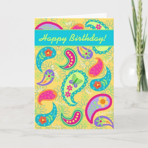 Yellow Turquoise Modern Paisely Happy Birthday Card