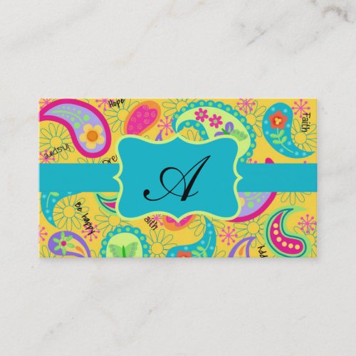 Yellow Turquoise Modern Paisley Pattern Monogram Business Card