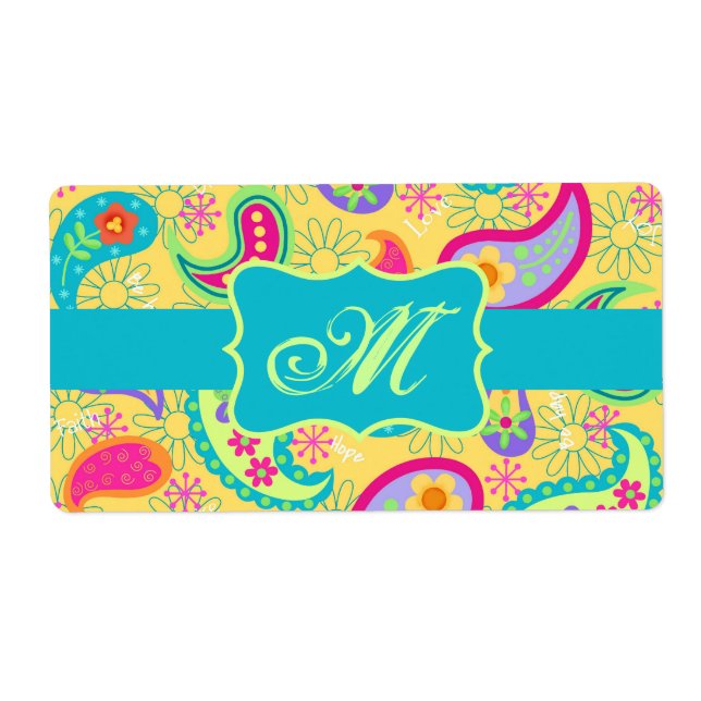 Yellow Turquoise Modern Pasley Pattern Monogram Label (Front)