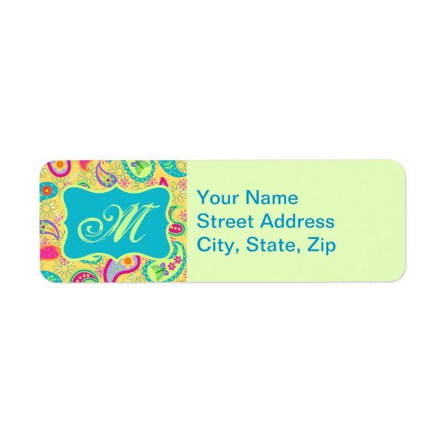 Yellow Turquoise Modern Pasley Pattern Monogram Label (Front)
