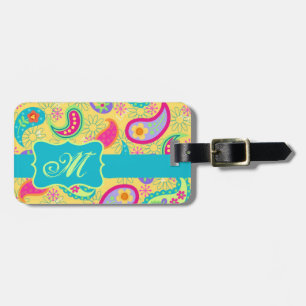 Yellow Turquoise Modern Pasley Pattern Monogram Luggage Tag