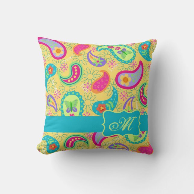 Yellow Turquoise Modern Pasley Pattern Monogram Throw Pillow (Front)