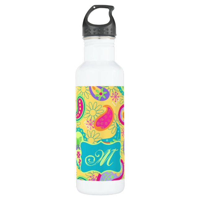 Yellow Turquoise Modern Pasley Pattern Monogram Water Bottle (Front)