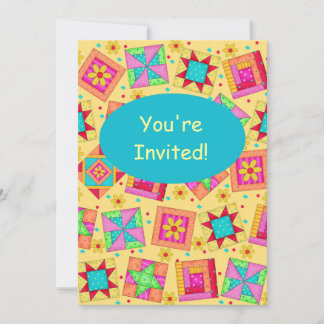 Yellow & Turquoise Patchwork Quilt Block Art Invitation