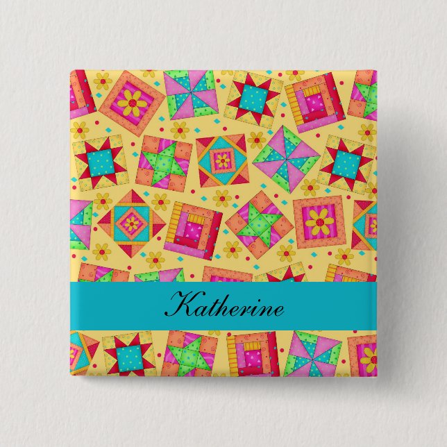 Yellow Turquoise Patchwork Quilt Blocks Name Badge Button (Front)