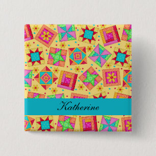 Yellow Turquoise Patchwork Quilt Blocks Name Badge Button