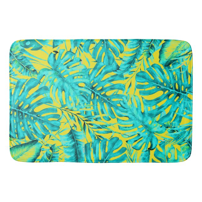 Yellow & Turquoise Tropical Palm Leaves Island  Bath Mat (Front)