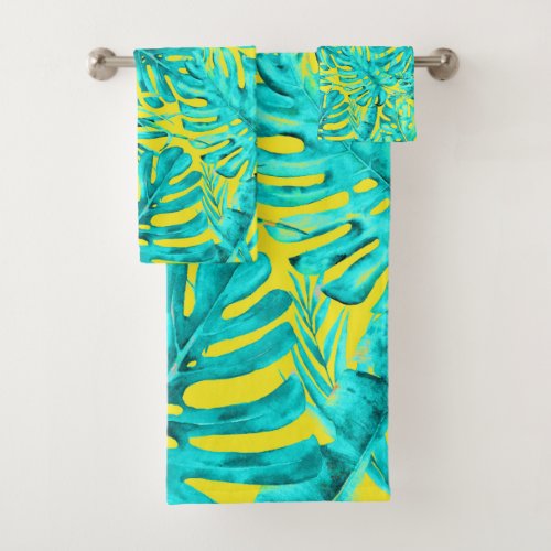 Yellow  Turquoise Tropical Palm Leaves Island  Bath Towel Set