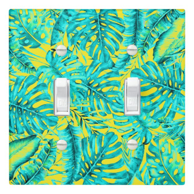 Yellow & Turquoise Tropical Palm Leaves Island  Light Switch Cover (In Situ)