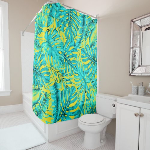 Yellow  Turquoise Tropical Palm Leaves Island  Shower Curtain