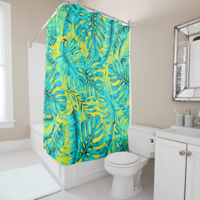 Yellow & Turquoise Tropical Palm Leaves Island  Shower Curtain (In Situ)