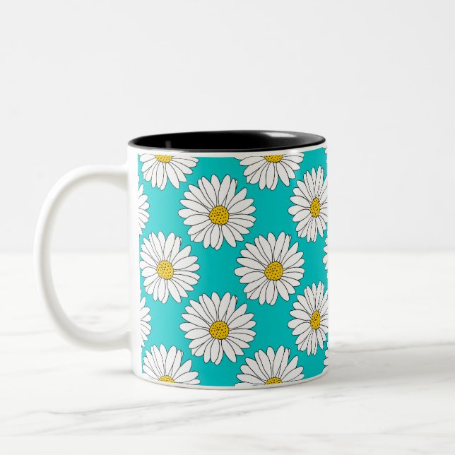 Yellow Turquoise White Daisy Pattern Two-Tone Coffee Mug (Left)
