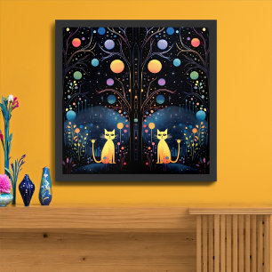 Yellow twin cats in enchanted forest framed art