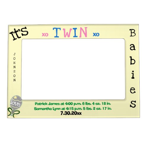 Yellow Twins Babies Birth Stats Baby Rattle Magnetic Frame