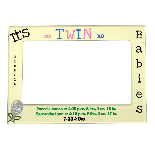 Yellow Twins Babies Birth Stats Baby Rattle Magnetic Frame (Front)