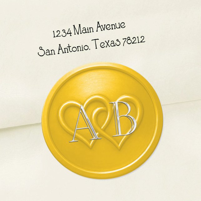 Yellow Two Hearts Silver Monogram Wedding Classic Round Sticker (Creator Uploaded)