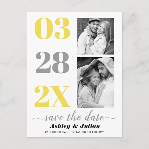 Yellow ultimate gray two photo Save the Date Postcard