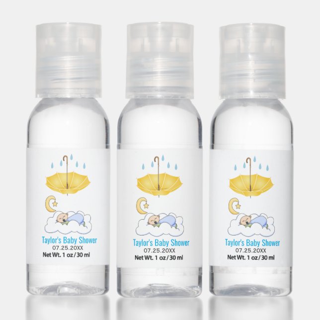 Yellow umbrella and sleeping baby boy shower favor hand sanitizer (Set)