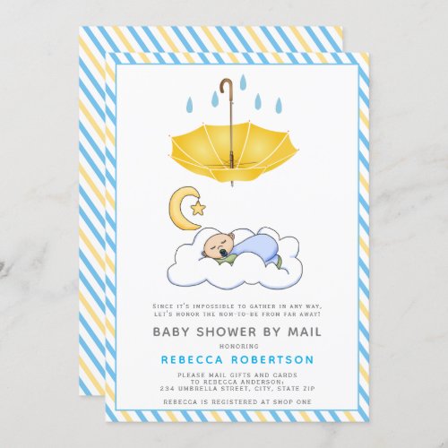 Yellow umbrella sleeping baby boy shower by mail invitation