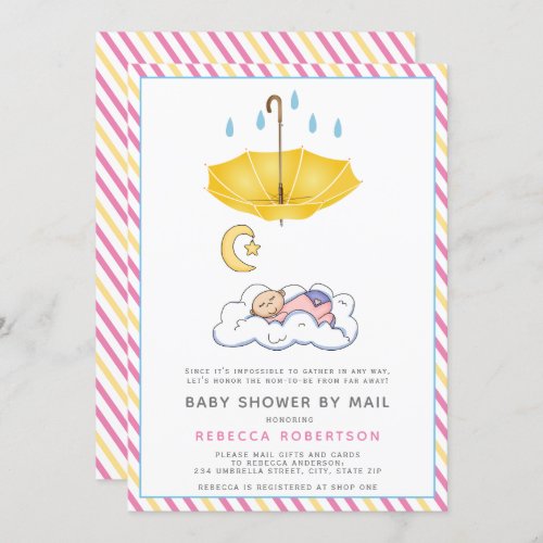 Yellow umbrella sleeping baby girl shower by mail invitation