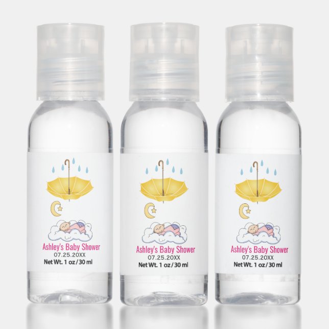 Yellow umbrella, sleeping baby girl shower favor hand sanitizer (Set)