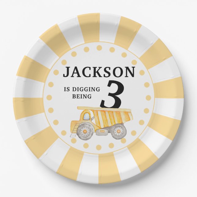 Yellow under construction birthday paper plates (Front)