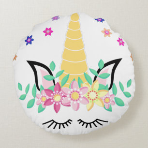 Yellow Unicorn Flower Print Round Pillow
