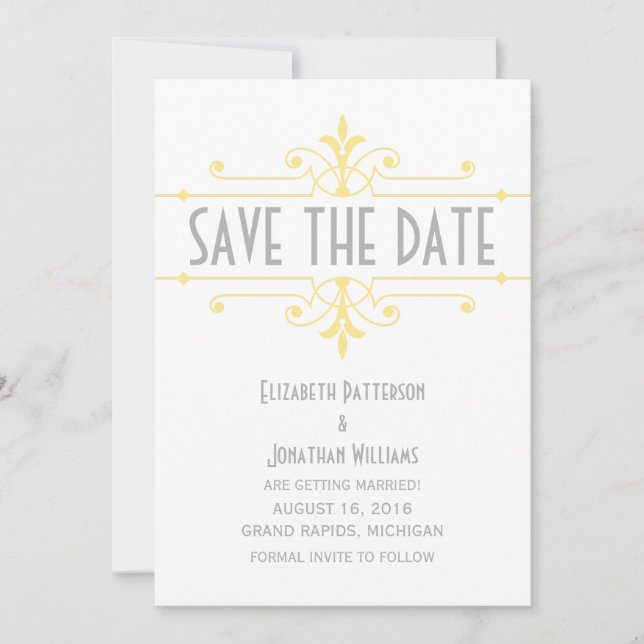 Yellow v2 Fancy Ornamental Save the Date Invite (Front)