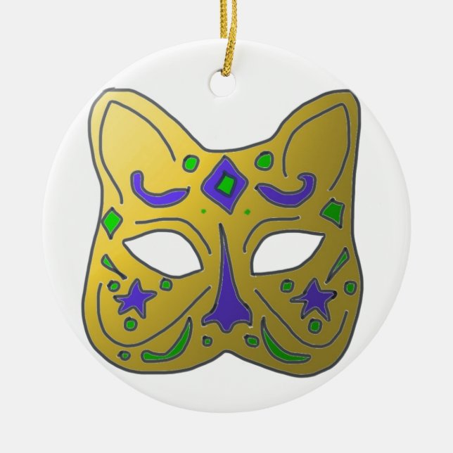 Yellow  Venetian Cat Mask Design   Ceramic Ornament (Front)