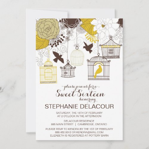 Yellow Vintage Birdcages Sweet Sixteen Invitation