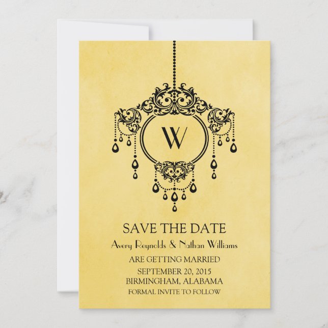 Yellow Vintage Chandelier Save the Date Invite (Front)