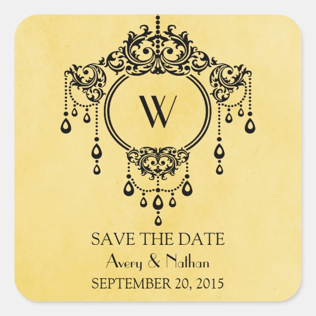 Yellow Vintage Chandelier Save the Date Stickers (Front)