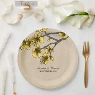 Yellow Vintage Cherry Blossoms Paper Plates